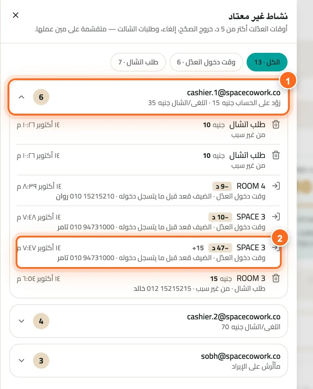 النشاط غير المعتاد مجمّعًا حسب الموظف