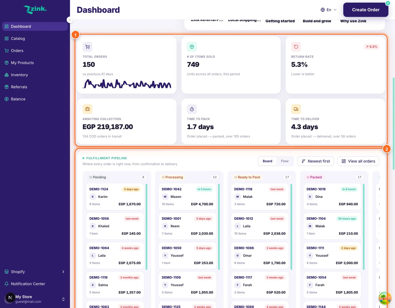 لوحة تحكم البائع في Zink — المؤشرات الرئيسية وخط التنفيذ اللحظي